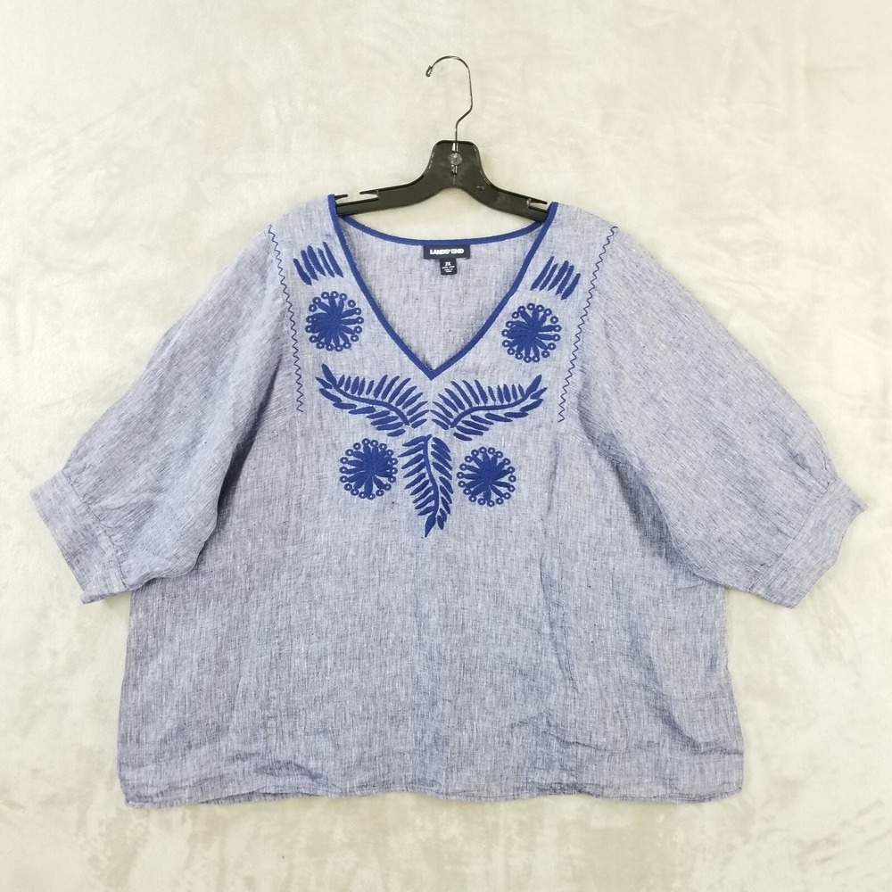 Lands' End 2X Tunic Blue Embroidered 100% Linen Boho Western Relaxed Fit